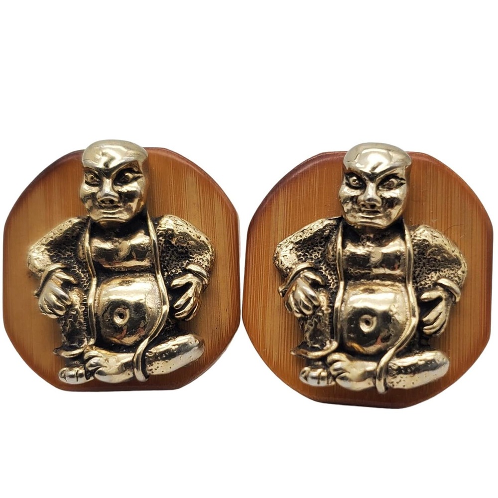 Laughing Buddha Bamboo Cufflinks Swank MCM Figural‎ Cuff Links Vintage Buddhist